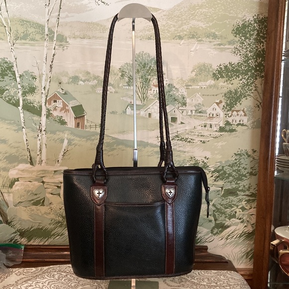 Brighton EUC Vintage Shoulder Bag.Black PebbleGrain Leather Brown Leather Straps - Picture 2 of 16